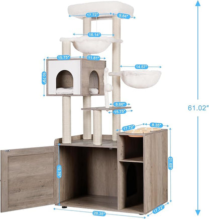 Hey-brother Cat Tree with Litter Box Enclosure, Modern Cat Tower for Indoor Cats with Large Platform, Condo Food Station and 2 Hammocks, All-in-one Cat Furniture, Wood Rustic Gray MPJ115SG