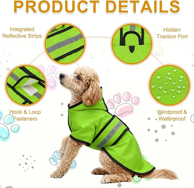 Dog Raincoat, Dog Rain Jacket Waterproof Jacket Reflective Adjustable Hooded Pet Rain Coat with Leash Hole, (Fluorescent Green, M), Intended for Large Medium Small Puppies