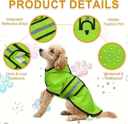 Dog Raincoat, Dog Rain Jacket Waterproof Jacket Reflective Adjustable Hooded Pet Rain Coat with Leash Hole, (Fluorescent Green, S), Intended for Large Medium Small Puppies