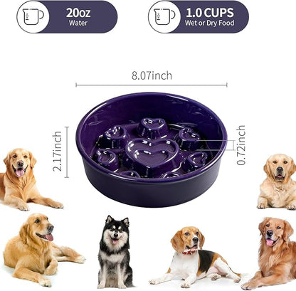 Ceramic Slow Feeder Dog Bowl, 4-Cup Anti-Slip Puzzle Feeder for Medium/Large Dogs, Indoor/Outdoor Pet Bowl for Fast Eaters - Blue（Love）