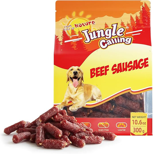 Jungle Calling Beef Sausage Dog Treats, Slow Roasted Beef Jerky Dog Training Treats, Grain-Free Soft Treats for Small and Medium Dogs, 10.6 oz