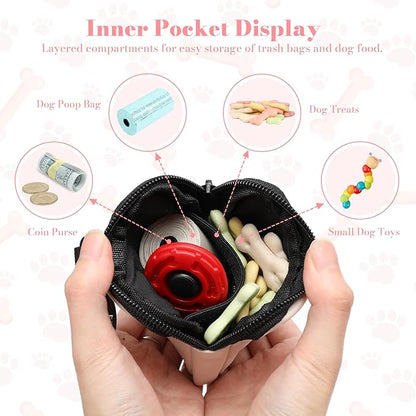 Dog Treat Pouch with Training Clicker,Waterproof Nylon Fabric Poop Bag Holders for Leashes,Hands Free Small Dog Walking Bag with Carabiner, Pet Puppy Training Walking Essentials (Beige)