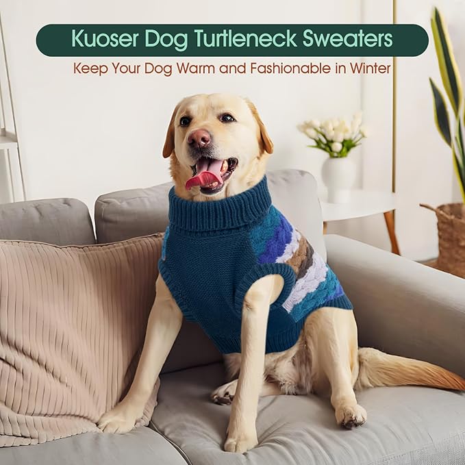 Kuoser Dog Sweater, Thermal Dog Sweaters for Medium Dogs Girl Boy, Puppy Christmas Sweater Thrtleneck Knitwear, Cozy Sweaters for Dogs, Thanksgiving Pet Outfit Warm Clothes for Fall Winter, Blue M
