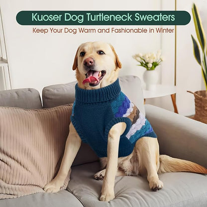 Kuoser Dog Sweater, Thermal Dog Sweaters for Medium Dogs Girl Boy, Puppy Christmas Sweater Thrtleneck Knitwear, Cozy Sweaters for Dogs, Thanksgiving Pet Outfit Warm Clothes for Fall Winter, Blue M