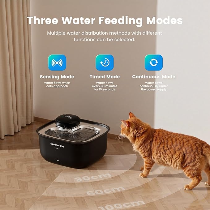 Gardner Pet Wireless Cat Water Fountain Stainless Steel Tray, 3.78L Cat Fountain Battery Operated, Cordless Pet Water Fountain for Cats & Dogs with Motion Sensor, Temperature Display - 1 Gallon