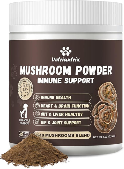 Turkey Tail Mushroom for Dogs, Organic 10 Mushroom Blend for Lumps and Bumps, Dog Herbal Supplements Probiotic with 50% β-Glucan, Joint Gut Immune Skin Support-60 Day Supply