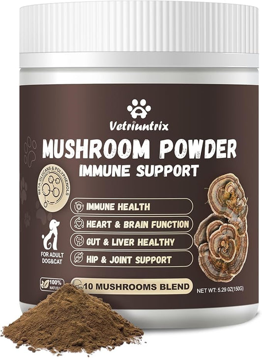 Turkey Tail Mushroom for Dogs, Organic 10 Mushroom Blend for Lumps and Bumps, Dog Herbal Supplements Probiotic with 50% β-Glucan, Joint Gut Immune Skin Support-60 Day Supply