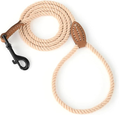Mile High Life Dog Leash, Braided Cotton Rope Leashes with Leather Tip - Heavy Duty Metal Clasp, 6FT, 1/3" Thick - Wedding, Walking Leash for Small Medium Dogs(Light Brown)