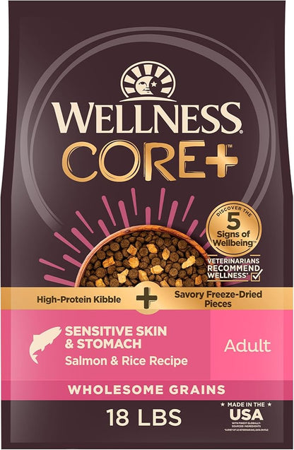 Wellness CORE+ Sensitive Skin & Stomach Dry Dog Food with Freeze Dried Pieces, Wholesome Grains, High Protein, Natural, Salmon & Rice Recipe, (18-Pound Bag)