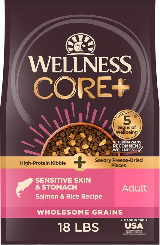 Wellness CORE+ Sensitive Skin & Stomach Dry Dog Food with Freeze Dried Pieces, Wholesome Grains, High Protein, Natural, Salmon & Rice Recipe, (18-Pound Bag)