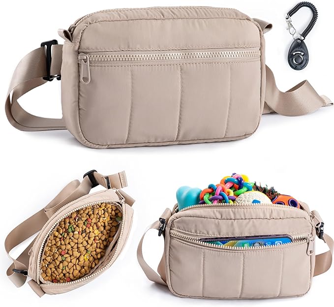Fashion Dog Treat Pouch with Clicker Stylish Crossbody Dog Walking Bag, 3-in-1 Dog Training Treat Pouch with Removable Waterproof Liner, Treat Holder Waist Bag for Puppy Training & Daily Walks