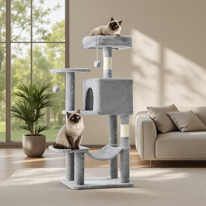 Sweetcrispy 44 inch Cat Tree Tower, Small Cat Climbing Tower with Condo, Natural Sisal Scratching Posts, Extended Platform, Hammock, Pet House for Indoor Cats and Kittens Play, Light Grey