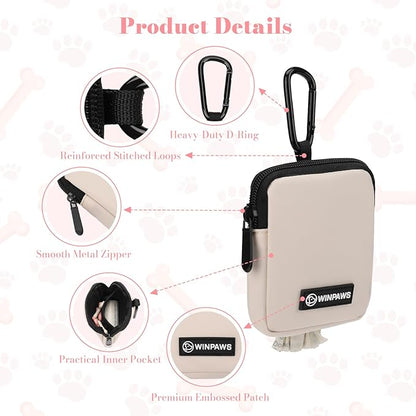 Dog Treat Pouch with Training Clicker,Waterproof Nylon Fabric Poop Bag Holders for Leashes,Hands Free Small Dog Walking Bag with Carabiner, Pet Puppy Training Walking Essentials (Beige)