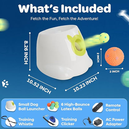 Automatic Small Dog Ball Launcher - Remote Control Interactive Fetch Machine Thrower for Small and Medium Sized Dogs with 6 High-Bounce Washable Latex Balls, Training Clicker, and Whistle – White