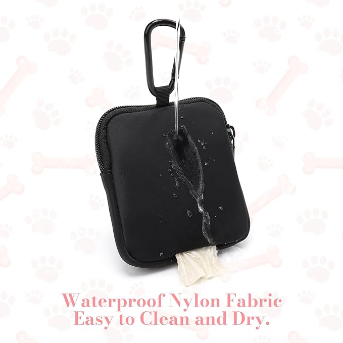 Dog Treat Pouch with Training Clicker,Waterproof Nylon Fabric Poop Bag Holders for Leashes,Hands Free Small Dog Walking Bag with Carabiner, Pet Puppy Training Walking Essentials (Black)