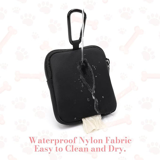 Dog Treat Pouch with Training Clicker,Waterproof Nylon Fabric Poop Bag Holders for Leashes,Hands Free Small Dog Walking Bag with Carabiner, Pet Puppy Training Walking Essentials (Black)