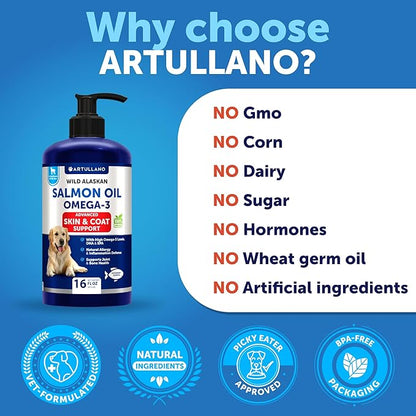 Salmon Oil for Dogs - Omega 3 for Dogs - 16 FL OZ Wild Alaskan Salmon Fish Oil - Natural EPA & DHA Fatty Acids for Skin & Coat, Allergy, Joint & Bone Health - Liquid Support Supplement for Shedding