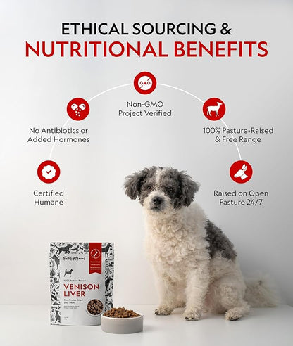 First Light Farms Freeze-Dried Venison Liver Dog Treats | 3oz Bag | 100% Single Ingredient | Free-Range, Pasture-Raised | Nutrient-Dense, High Protein