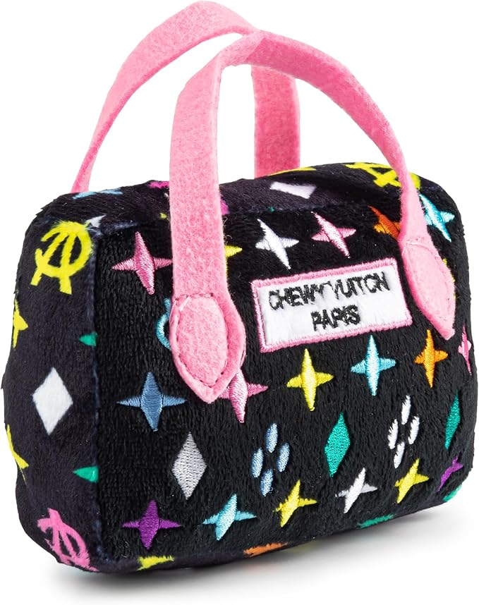 Haute Diggity Dog Black Monogram Chewy Vuiton Handbag, Plush Designer Dog Toys with Interactive Squeaker, Stimulating Pet Enrichment, Machine-Washable & Safe Materials for All Breeds, Size Small