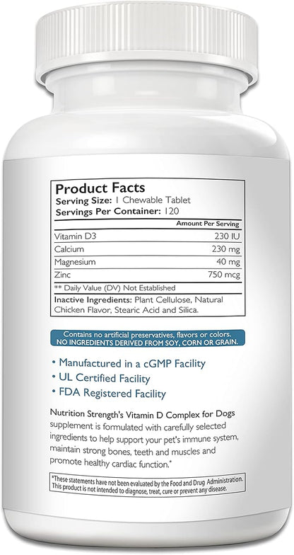 Vitamin D for Dogs with Calcium, Magnesium and Zinc to Support Strong Teeth, Bones and Muscles, Promote Mineral Metabolism and a Healthy Immune Function, 120 Chewable Tablets