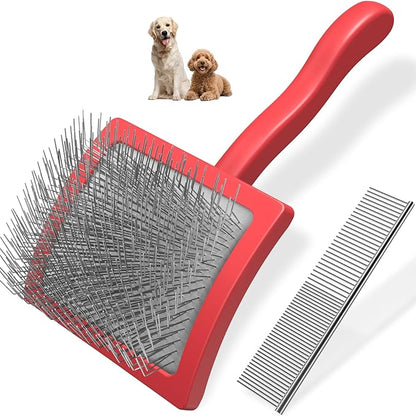 2PCS Slicker Brush for Dogs & Pet Comb,Professional Dog Grooming Brush (Goldendoodles,Poodles,Labradoodles) with Extra Long Pins to Effectively Remove Tangles, Knots and Mats (Red, Large)