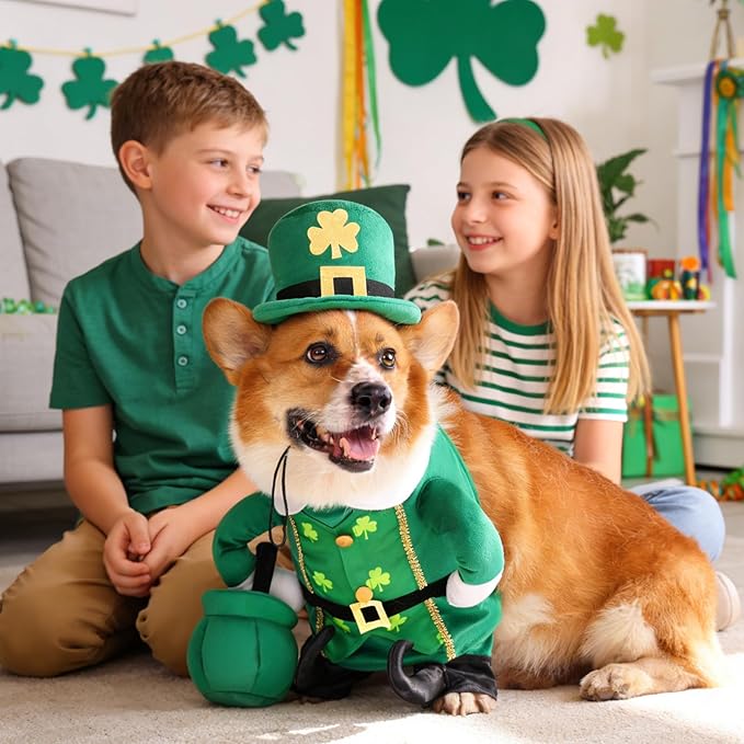 Leprechaun Dog Costume, St Patrick’s Day Pet Outfit with Adjustable Leprechaun Hat & Playful Gold Pot, Lucky Irish Holiday Clothes for Small Medium Large Dogs Cats Puppy