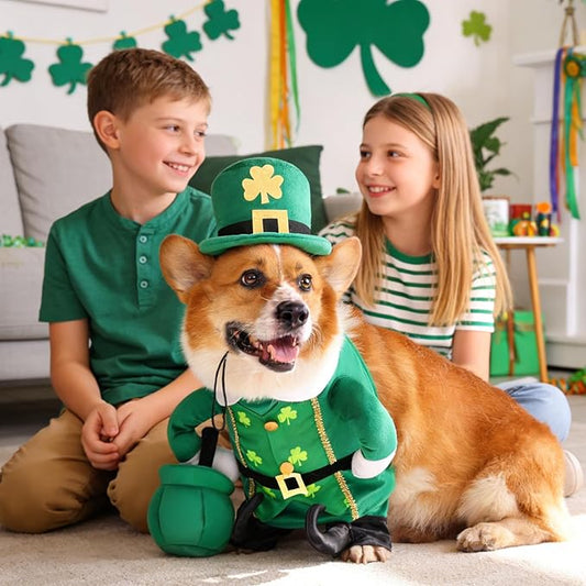 Leprechaun Dog Costume, St Patrick’s Day Pet Outfit with Adjustable Leprechaun Hat & Playful Gold Pot, Lucky Irish Holiday Clothes for Small Medium Large Dogs Cats Puppy