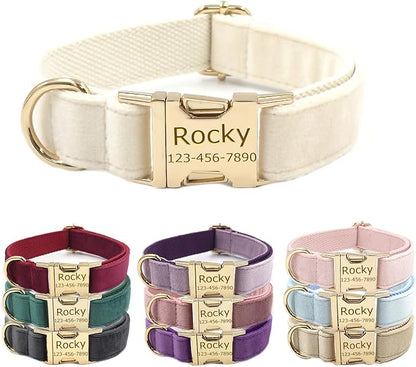 Personalized Velvet Dog Collars with Pet Name Phone Number Engraved, Custom Adjustable Soft Collar with Metal Buckle for Small Medium Large Dogs, Dog Leash and Bow Tie Available -Cream