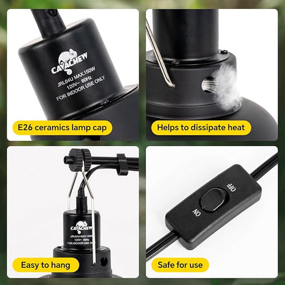 CAVACHEW 2 Pack Reptile Light Fixture, 8.5in Deep Dome Reptile Lamp Fixture, Optical Reflection Cover, Separate Switch & Hook, Terrarium Light Fixture for Reptile Heat Basking UVB Bulbs, 150W, Black