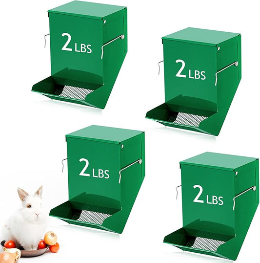 Maxcheck 4 Pcs Rabbit Feeder for Cages Small Animal Food Dispenser with Lid Metal Rabbit Feeders Outside for Guinea Pig(4.7 Inches,Green)