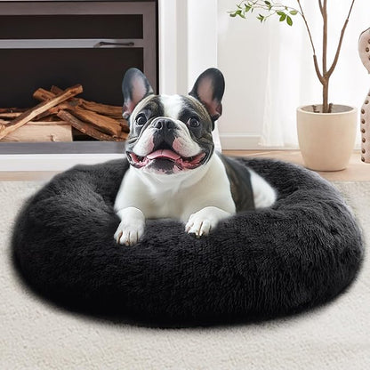 JOLLYVOGUE Small Dog & Cat Beds for Indoor Cats, Donut Cuddler Warming Soft Dog Beds with Anti-Slip Bottom, Round Calming Fluffy Plush Faux Fur Cushion Bed for Small Dogs (23", Black)
