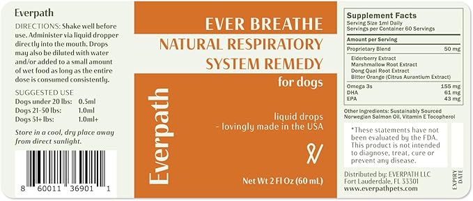 Everpath Respiratory Support for Dogs - 2 Fluid Ounces/60mls | Made in The USA | Boosts Immune Support & Healthy Breathing | Enhances Respiratory Function | Natural Solution for Pets