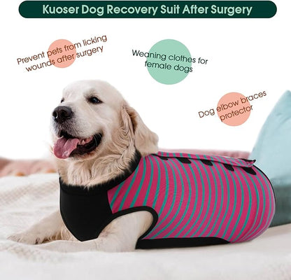 Kuoser Dog Recovery Suit, Anti Licking Dogs Rear Leg Sleeve, Abdominal Dog Surgical Suit with Pants Cover Protect Wounds, Dogs Elbow Protector Soft Pet Surgery Onesie Cone Alternative, Rose L