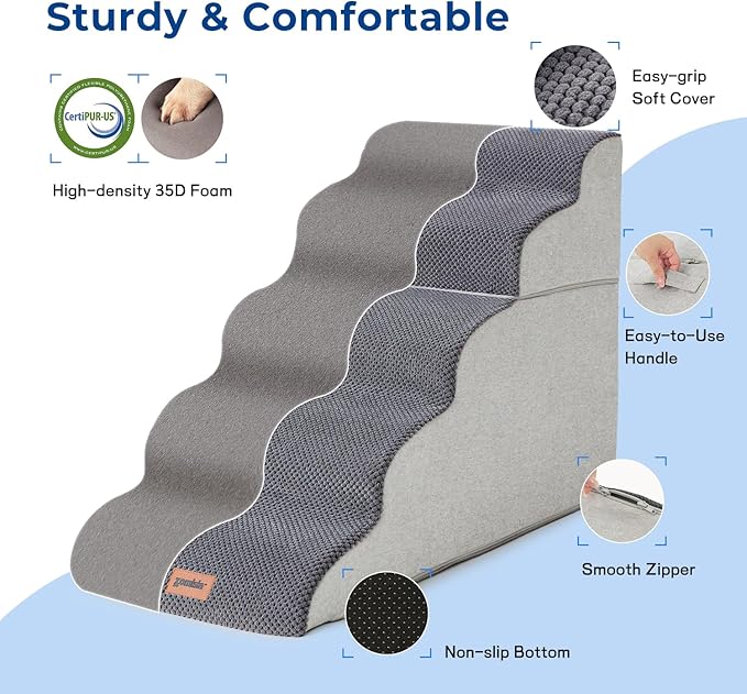Dog Stairs Ramp for High Beds Up to 26" H - 5 Steps Pet Stairs for Couch, 35D Foam Dog Steps for Small to Large Dogs with Non-Slip Bottom Grey