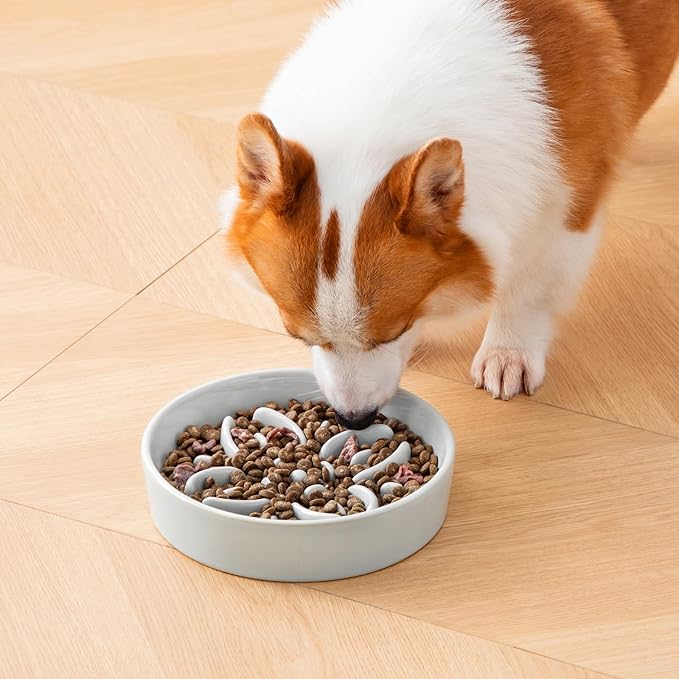 vancasso Ceramic Slow Feeder Dog Bowls, Puzzle Dog Food Bowls with Floral Maze, Anti -Slip Pet Food Dish for Large Breed, 3 Cups, Grayish Cyan