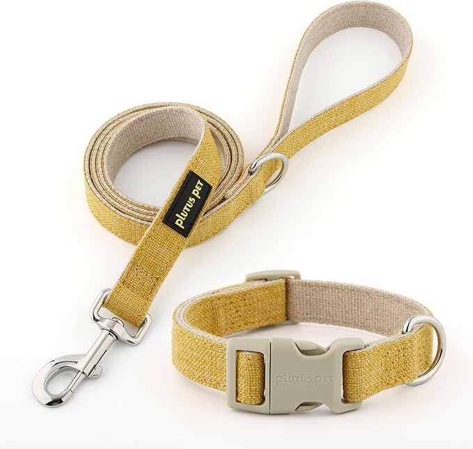 Plutus Pet Cotton Hemp Dog Collar and Leash Set, Adjustable Collar for Small, Medium, and Large Dogs, Heavy Duty and Soft on Skin, Yellow, XL