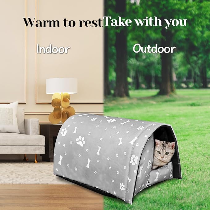 Fhiny Stray Cats Shelter, Waterproof Outdoor Cat House Foldable Warm Pet Cave for Winter Wild Animal Tent Bed Anti-Slip Kitten Cave for Feral Cat Dog Puppy Weatherproof Grey
