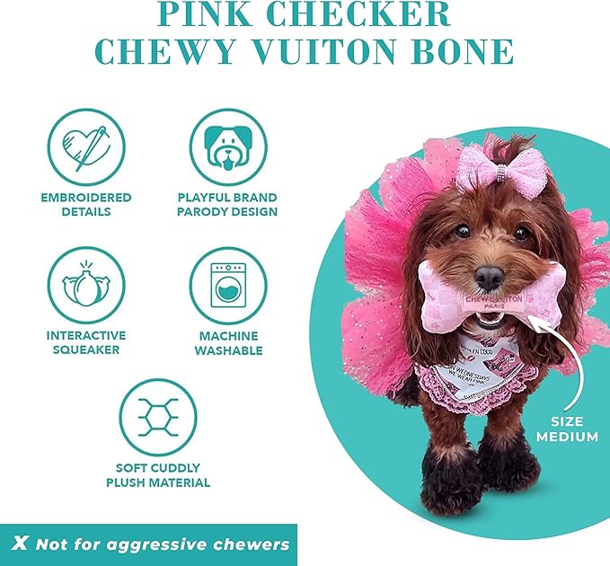 Haute Diggity Dog Pink Checker Chewy Vuiton Bone, Plush Designer Dog Toys with Interactive Squeaker, Stimulating Pet Enrichment, Machine-Washable & Safe Materials for All Breeds, Size Small