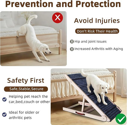ZJSF Dog Ramp for Bed,Foldable Wooden Portable Non-Slip Dog Ramp for Couch,Small to Large Pet Ramp for Cars,Stairs with High Traction Mat,6 Adjustable Height from 13.5" to 30",Supports up to 230lbs