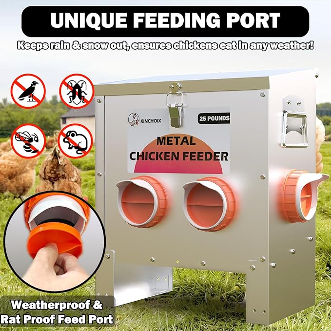 Kinchoix Metal Chicken Feeder Large Capacity 25lbs Automatic Metal Chicken Feeders No Waster Weatherproof Poultry Feeder for Chickens, Geese, Ducks, Turkeys (4-Port)