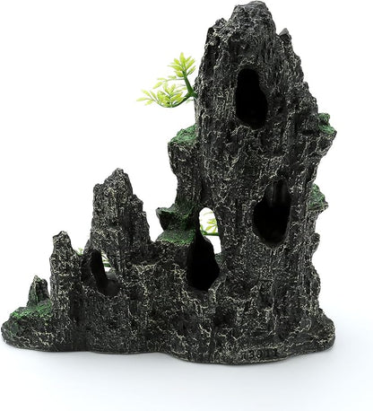 Aquarium Decorations Large Mountain View Stone Ornaments, Fish Tank Decorations Extra Large and Tall Aquarium Decor for Fish Tank Hideout Tree House Rock Cave for Small Fish Betta Hideaway Cave