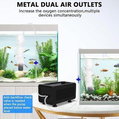 Fishkeeper Aquarium Air Pump, Quiet Powerful Fish Tank Air Pump, 6W/10W Adjustable Oxygen Pump, Metal Dual Outlets Aerator with Air Stone Bubbler for Fish Tank up to 140 Gallon 6W