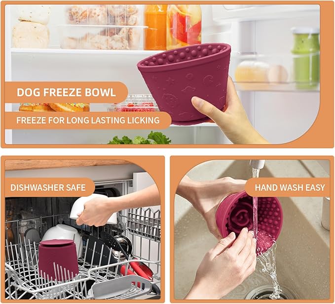 Dog Lick Bowl with Brush and Scraper, Anxiety Relief Silicone Slow Feeder Treat Dispenser, Anti-chocking Pet Dish, Non-Slip Interactive Entertainment Dog Puzzle Toy for Medium & Large-Dark Red