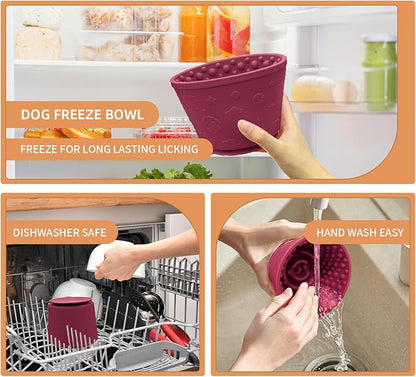 Dog Lick Bowl with Brush and Scraper, Anxiety Relief Silicone Slow Feeder Treat Dispenser, Anti-chocking Pet Dish, Non-Slip Interactive Entertainment Dog Puzzle Toy for Medium & Large-Dark Red