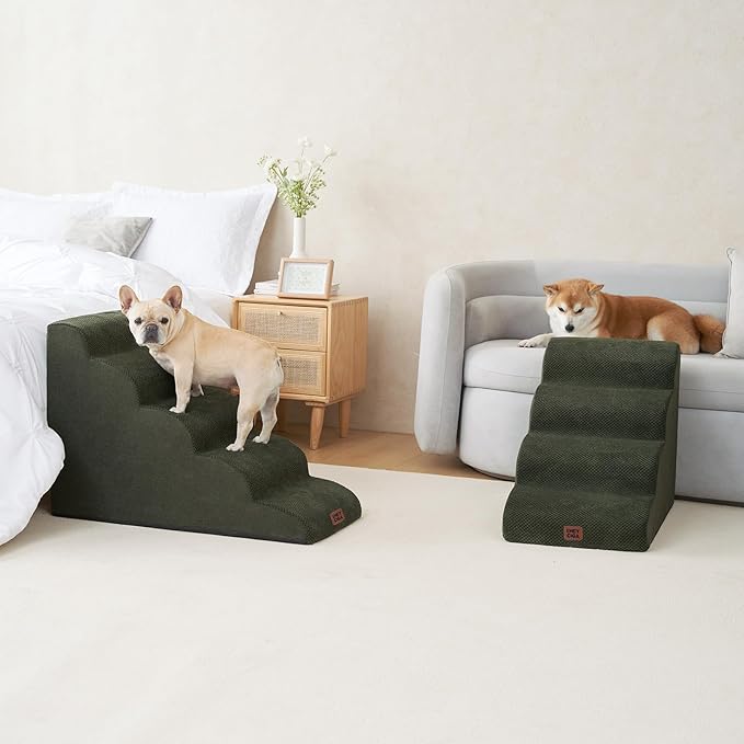 EHEYCIGA Curved Dog Stairs Ramp for High Beds 19.7" H, 4-Step Dog Steps for Small Dogs and Cats, Pet Stairs for High Bed Climbing, Non-Slip Balanced Pet Step Indoor, Military Green