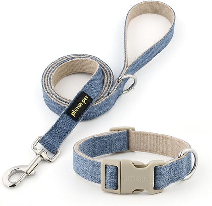 Plutus Pet Cotton Hemp Dog Collar and Leash Set, Adjustable Collar for Small, Medium, and Large Dogs, Heavy Duty and Soft on Skin, Haze Blue, XL