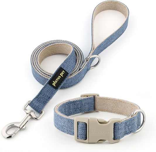 Plutus Pet Cotton Hemp Dog Collar and Leash Set, Adjustable Collar for Small, Medium, and Large Dogs, Heavy Duty and Soft on Skin, Haze Blue, XL