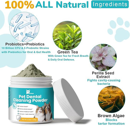 Dog Teeth Cleaning Powder, Dog Dental Powder for Teeth Cleaning and Dog Breath Fresh, Bad Breath Fresher & Tartar Remover with Enzyme, Probiotics. Plaque Off Pet Tooth Cleaning 120 Grams 60 Servings