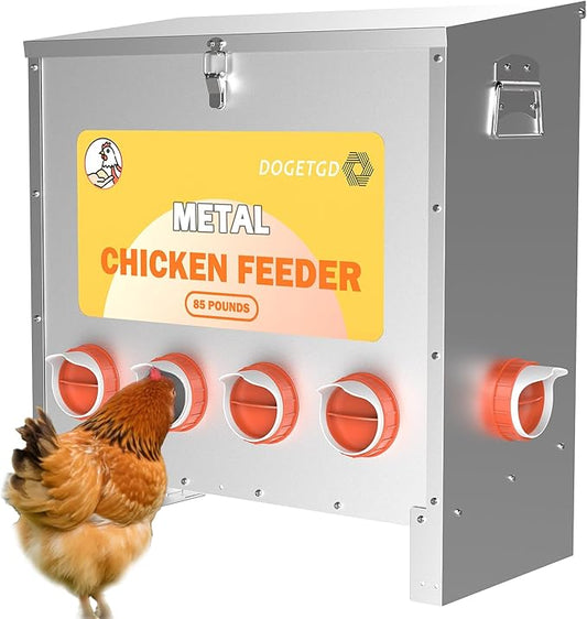 Automatic Chicken Feeder No Waste Metal Poultry Feeder Large Capacity 85lbs for Chickens, Geese, Ducks, Turkeys, Quails (10-Port)