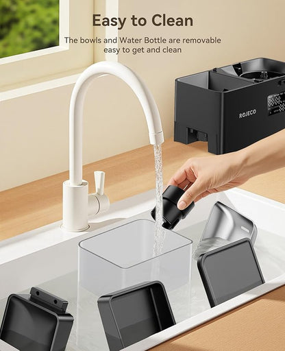 Rojeco 36Cups/8.5L Pet Automatic Cat Feeder and Gravity Water Dispenser,Stainless Steel Bowls 2-in-1 Set Large Capacity 5L Food Feeder and 3.5L Water Fountain for Cats,Pets,Small Dogs,Black